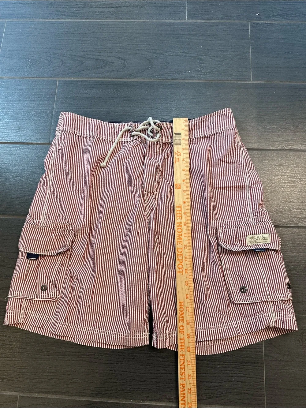J. Crew Men’s Vintage Red and White Striped Seersucker Board Shorts